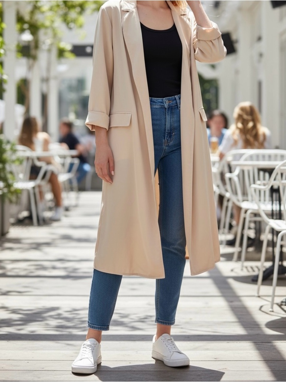 Women’s Long Beige Trench Coat - Classic Lightweight Duster